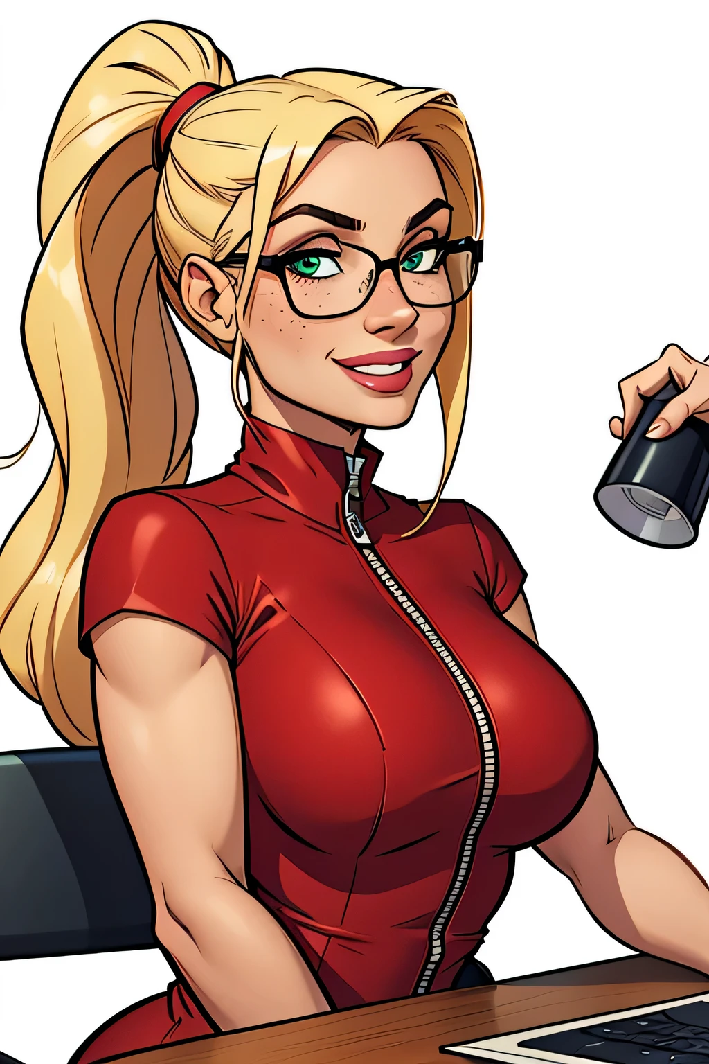Thin woman, age 25, 4K (High definition), beautiful smiling, seducing gaze, greeneyes (wearing glasses), wearing a red dress (com zipper lateral) and short sleeves, arms positioned at the side of the body, Caucasian skin, long blonde hair with ponytail, upper body (sitting at the table), full of curves with freckles on her chest and neck, round breasts. High-quality Marvel style, white background.