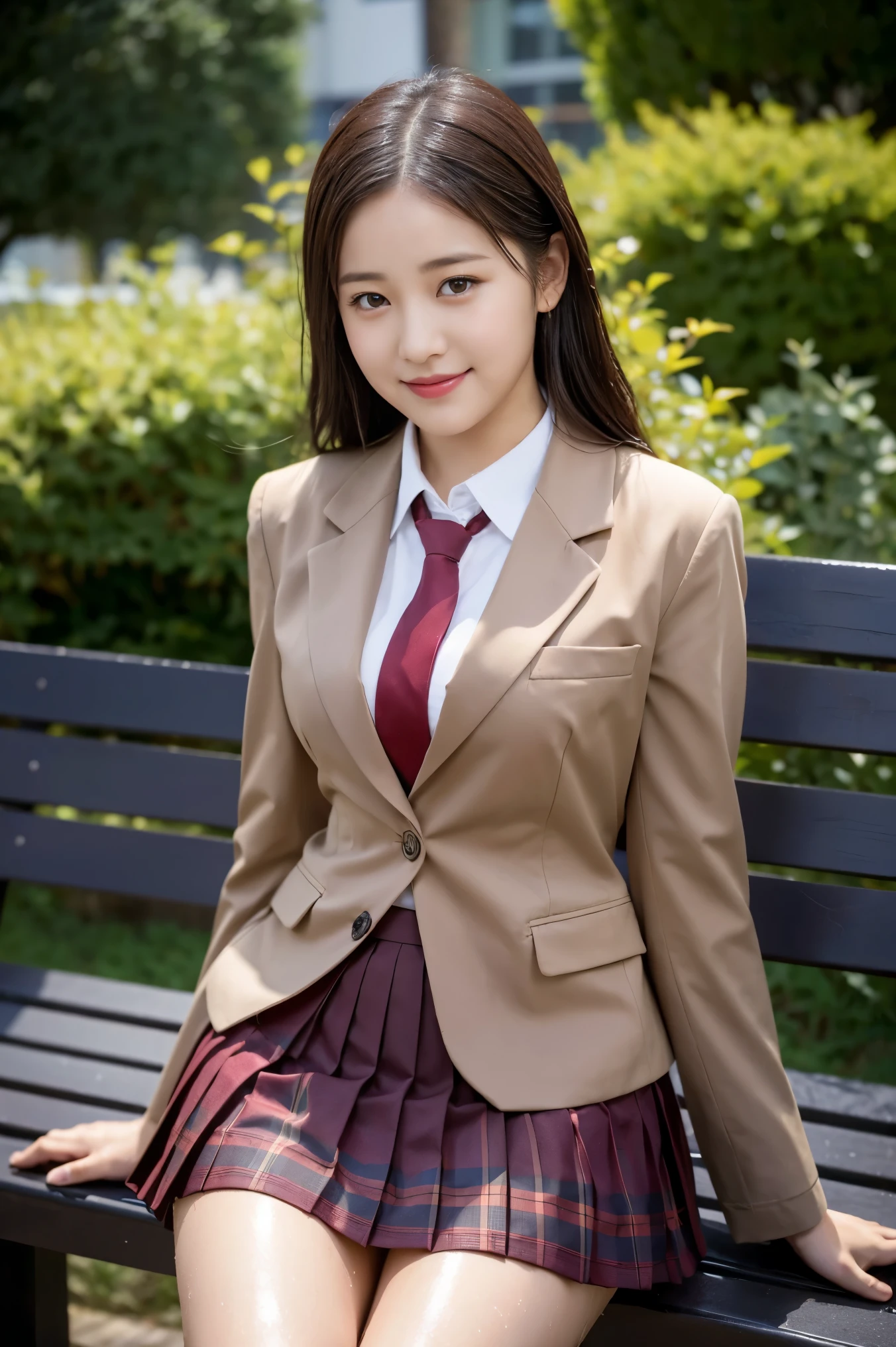 (8K), (highest quality: 1.2), (realistic), (realistic: 1.37), ultra high resolution, 1 girl, cute, smile, closed mouth, beautiful details, beautiful nose, wet hair, giant dulcefo, pork, thighs,self snap,University Student Uniform,sunny day,I can see the sea,sit on a bench in the park,(Simple light brown blazer 1),(dark brown pleated skirt),dark red tie,(The pattern of the skirt and tie is a tartan check pattern...:1.3),(wet shiny thighs:1.3)