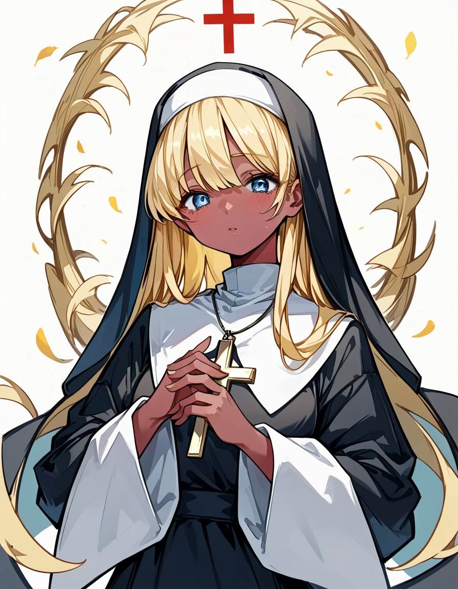 (Blonde:1.6),(darkskin:1.3),anime character dressed in Nuns outfit with cross and blue eyes, detailed Digital anime art, Nuns, Nuns outfit, 4K Manga Wallpapers, Gweiz-style artwork, clean Detailed anime art, Digital anime illustration, [ 4k digital art ]!!, Digital anime art, guweiz on pixiv artstation, Nuns fashion model, Detailed anime art