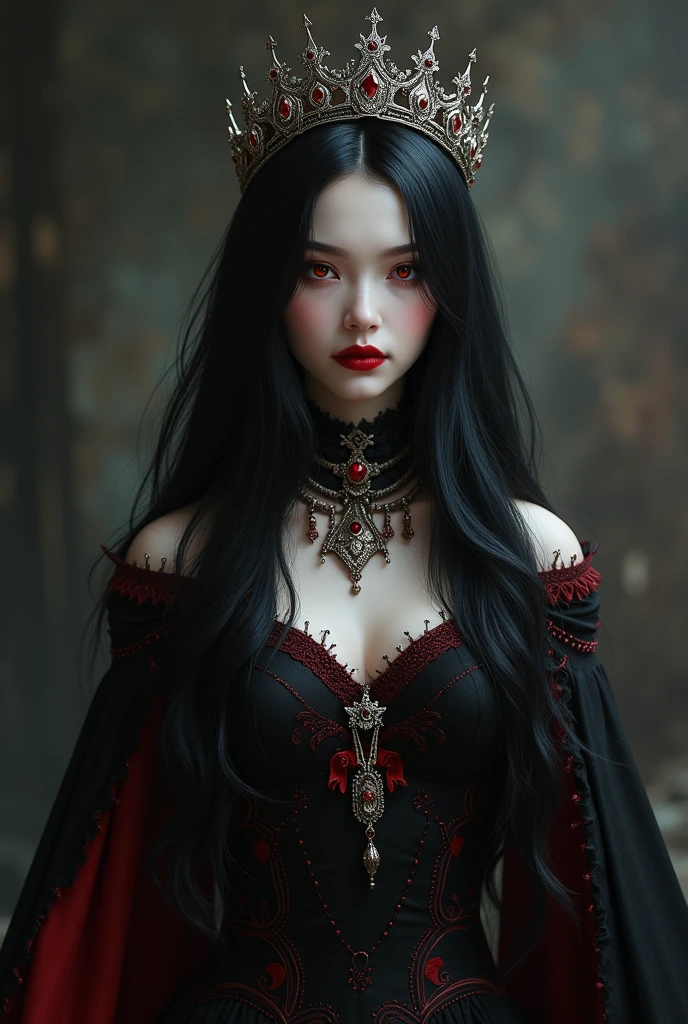 beautiful black hair vampire girl with red, clear skin, Red eyes, wearing a crown on his head, with upright posture