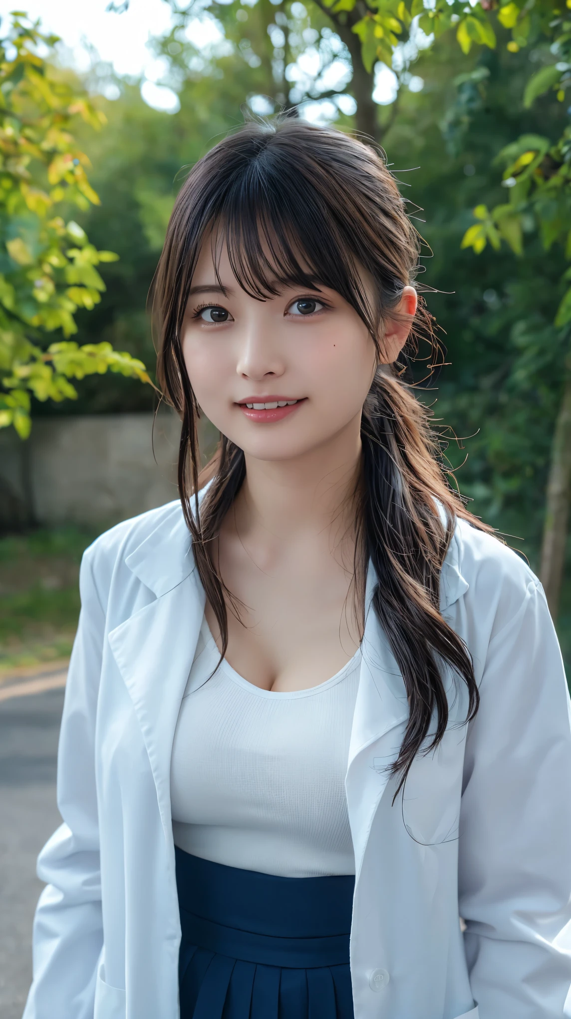 Upper body photo、(4K, 8k, best quality, masterpiece:1.4), (realistic, RAW photo:1.4), ((The body is facing forward:1.3)), Large Breasts、G-cup breasts、Cleavage spilling out of the blouse:1.2、28age、Very beautiful woman、Ponytail Hair、 (female docter, dressed in a professional white lab coat, Inner is wearing a blouse):1.5、1 girl,独奏, beautiful skin, realistic natural light, women,sexy、Clothes are not taken off、Outdoors in the sunlight、Wearing a skirt、looking at the camera、smile