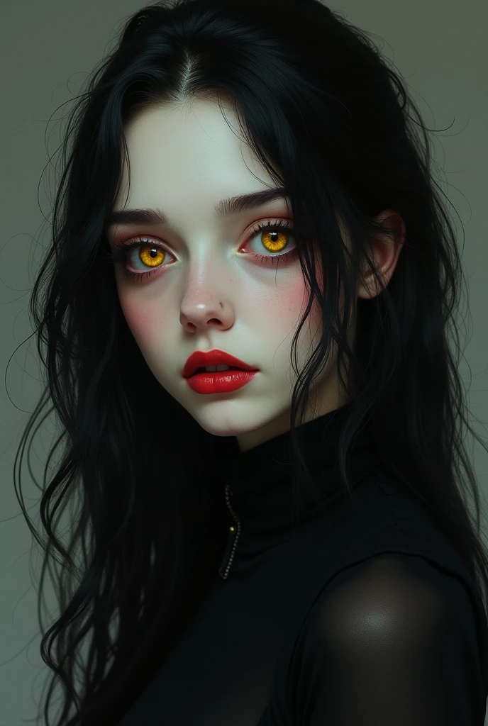 A girl with a dark aura, mysterious and attractive,despite a sweet face.
thin and striking face, fleshy lips ,yellow eyes with a striking shape,that look that makes anyone shiver, long hair,black and wavy,voluminous.
pale skin.
Innocent and natural appearance.