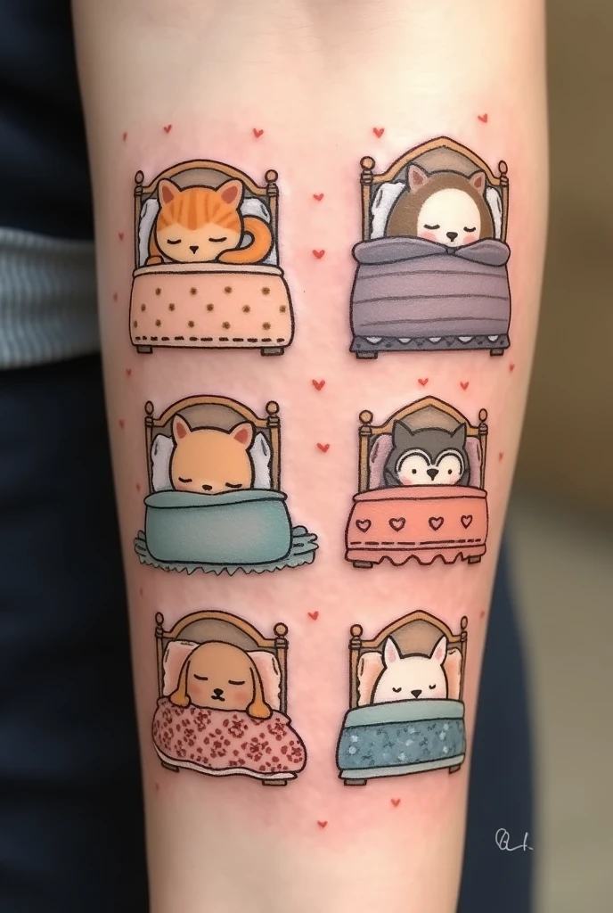 A tattoo showing animals sleeping in beds 
