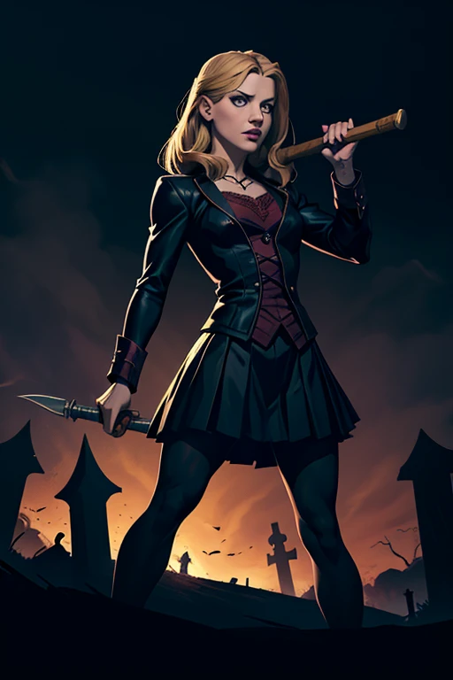 Buffy the vampire slayer, Sarah Michelle Gellar, high school uniform, holding a hammer and wooden stake, 1, cemetery at night, ready for battle, detailed face and eyes, dynamic pose, chiaroscuro lighting, dark fantasy, gothic, dramatic, cinematic