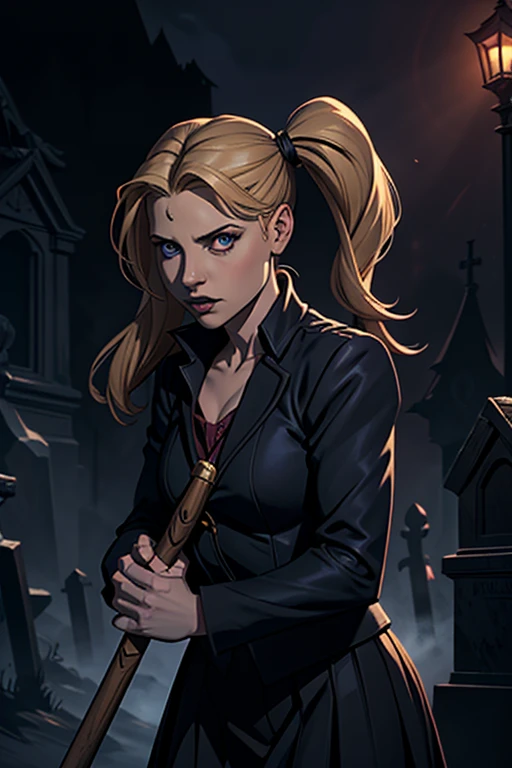 Buffy the vampire slayer, Sarah Michelle Gellar, high school uniform, holding a hammer and wooden stake, 1, cemetery at night, ready for battle, detailed face and eyes, dynamic pose, chiaroscuro lighting, dark fantasy, gothic, dramatic, cinematic