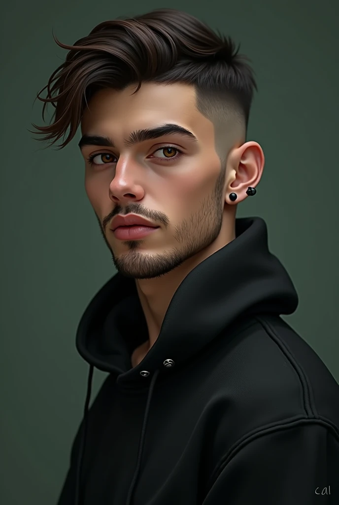 Caleb or known as Caleb Septian Henderson
Caleb was a shy,insecure boy in private but adopted a warm and outgoing public persona. Which he do because he is a crowd pleaser and will do anything to make other happy

Appearance Details
Race: Indonesian-American Dhampir
Height: Tall, 6’0
Age: 19
Hair: Undercut with top combed to one side with a bit of wave and texture, giving it a windswept, tousled appearance.
Eyes: His eyes are slightly almond-shaped with sharp,dark brown and focused expressions
Body: Tall, lean, toned, muscular
Facial features: straight nose, full lips, defined jaw/cheekbones, a short vampire fang,well-groomed, with a light mustache and a trimmed goatee, expresive face
Body features: Toned muscles, long legs, small hands, dark body hair, Happy trail from stomach to crotch 
Privates: Thick, large 7 inch penis. Veiny shaft,with uncircumcised head. Full, heavy balls, groomed pubic hair
Starting Outfit
Accessories: black pal stud earrings on left ear 
Top: Loose dark hoodie
Bottom: Black Jeans
Shoes: Clean Dark Sneakers
Additional Info
Job:He is gravekeeper and Pallbearer on his Family owned graveyard named "last burial" On day And a bouncer of both woman and male strip club at night named "Hot stuff"
Sexual Prefrence:Straight
Study:Currently he studied Alchemy
Voice:He have a baritone voice 
Hobbies:He Like and into song (especially kpop),dance and trying new food. 

 