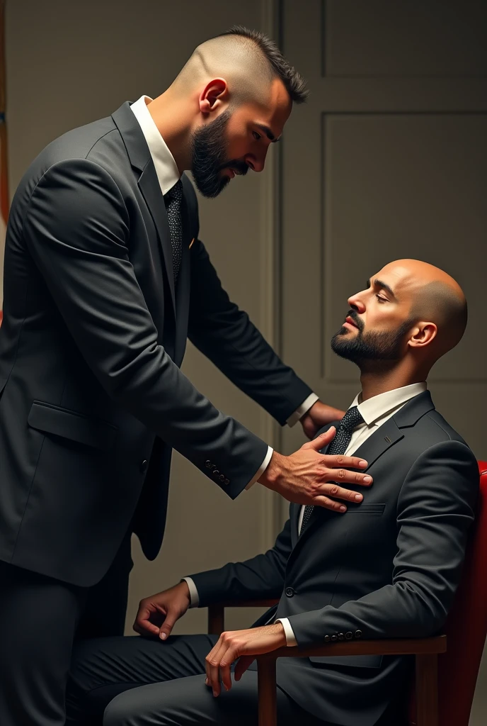 Create an image of a lawyer with his hand on a businessman&#39;s chest. The lawyer is brown, is wearing a suit, shaved head and medium beard well done and is standing up. The businessman is bald and has a very short beard and is sitting in a chair..