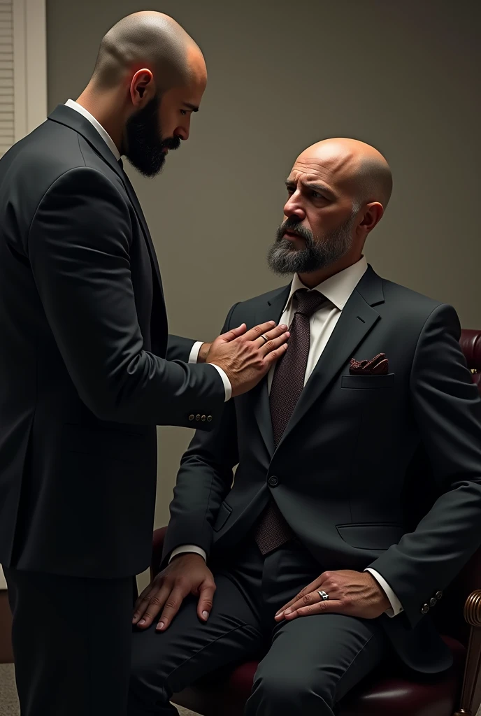 Create an image of a lawyer with his hand on a businessman&#39;s chest. The lawyer is brown, is wearing a suit, shaved head and medium beard well done and is standing up. The businessman is bald and has a very short beard and is sitting in a chair..