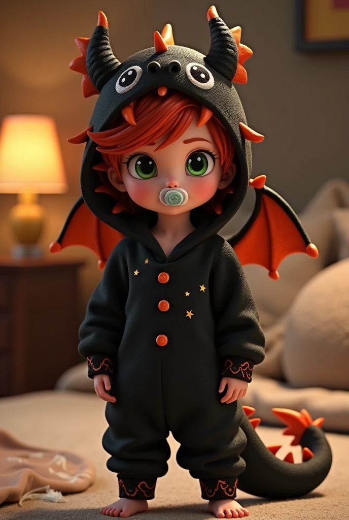 Fait moi un de 10 ans qui porte un pyjama en forme de dragon de couleur noir avec des etoile, with red hair, green eyes, une tetine et une couche
