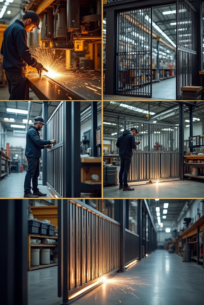 Images of the facade of Serralheria 3P and the work environment, with machines in action and professionals working. Welcome to Serralheria 3P, where we transform metal into safety and style. We are specialists in custom gates, protective grilles and handrails, made with precision for you." Gate display, railings and handrails in detail, followed by images of professionals working, soldiering, cutting and assembling the pieces. phone number 11 97703-0478