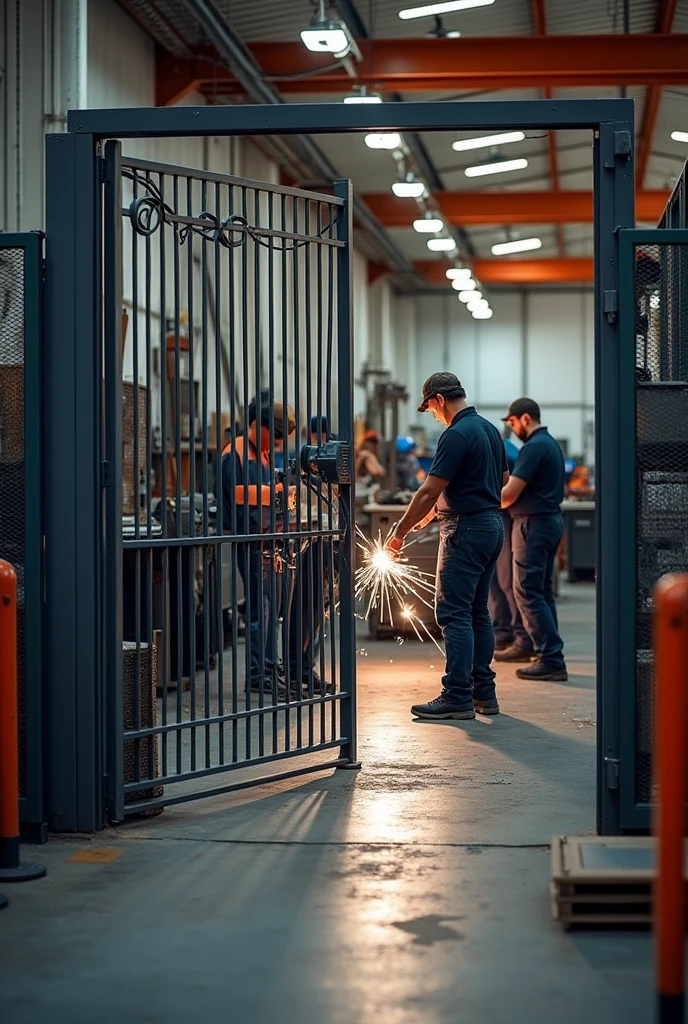 Images of the facade of Serralheria 3P and the work environment, with machines in action and professionals working.  Welcome to Serralheria 3P, where we transform metal into safety and style. We are specialists in custom gates, protective grilles and handrails, made with precision for you." Gate display, railings and handrails in detail, followed by images of professionals working, soldiering, cutting and assembling the pieces.  phone number 11 97703-0478