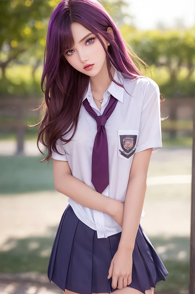 girl who looks like bella thorne, (school uniform:1.4), (schoolyard:1.2), a photorealistic portrait of a stunningly beautiful woman with detailed make-up, extremely detailed eyes, detailed symmetric realistic face, extremely detailed natural texture, messy hair, masterpiece, extremely detailed, (school uniform:1.3), (schoolyard:1.5), amazing, fine detail, rich colors, hyper realistic lifelike texture, dramatic lighting, trending on artstation, looking at the viewer, photo realistic, RAW photo, purple hair, (long hair), high quality, sharp focus, extremely detailed, cinematic lighting, 8k uhd, ab, Best quality, masterpiece, ultra high res, (photorealistic:1.4), 1girl, shiny skin, Best quality, masterpiece, ultra high res, (photorealistic:1.4), 1girl, deep shadow, shiny skin, Gorgeous 18-year-old woman resembling Bella Thorne, short bangs, soft pale skin, eyeshadow, dark mascara, 