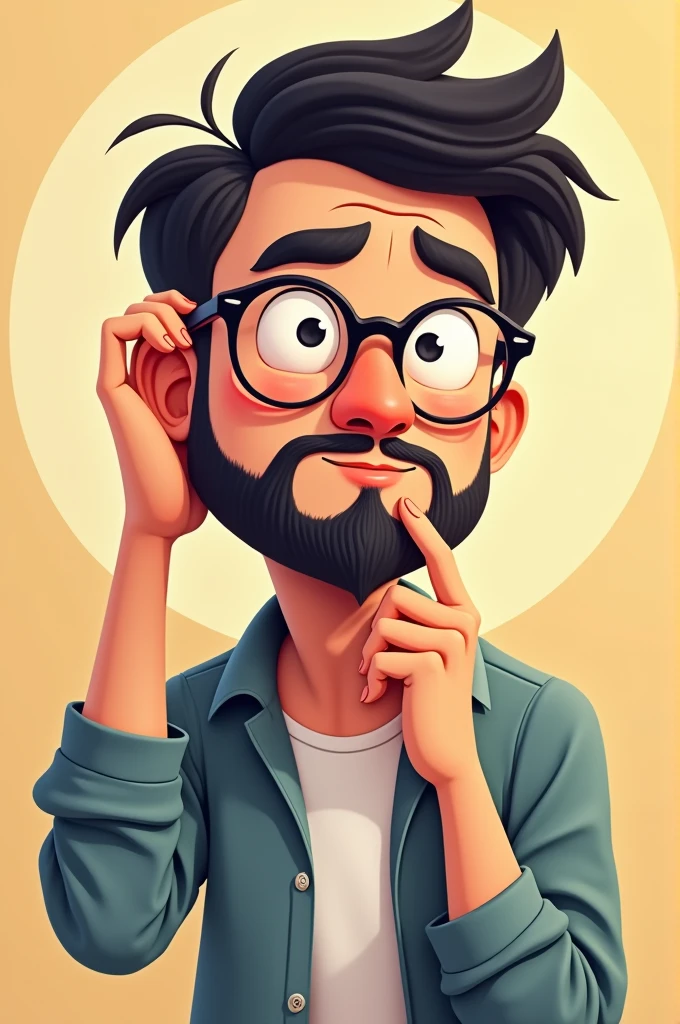 A 36 years Indian Cartoon man is looking towards his pen and smiling by remembering his flashback.
He has eye glasses, stylish hairstyle, beard, moustache. He wears white shirt, he is in standing position