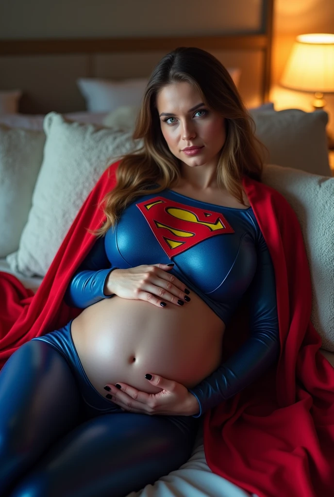 A PREGNANT SEXY SUPERGIRL, WEARING HER BLUE LEATHER SUPERGIRL OUTFIT AND  RED LEATHER CAPE, LAYING ON HER BED LOOKING AT THE VIEWER, HOLDING HER BELLY. LARGE HYPNOTIC CIRCLES HER WIDE OPEN EYES. INCREDIBLE DETAILS, HYPER DETAILED IN 8K RESOLUTION, MILLIONS OF COLORS.
