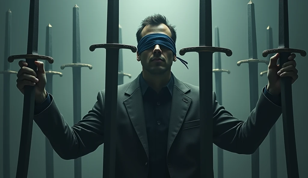 Blindfolded man encased in eight swords
