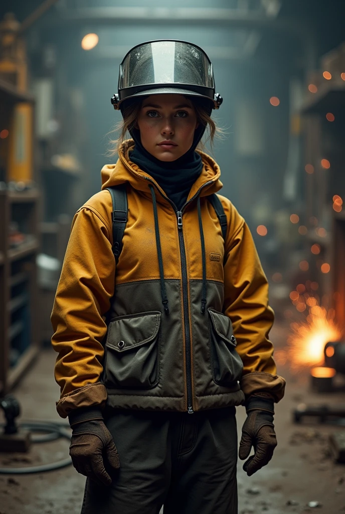 A girl in welding safety gear
