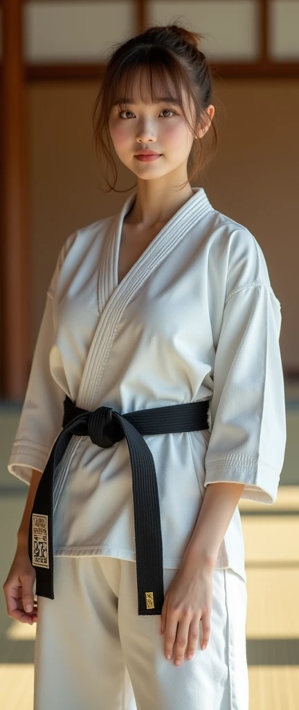 Front view , Full- body, beautiful Japanese, 18-year-old, (Light brown hair, short pony tail , Brown fringe eyes, Beautiful Lips, smile), (middle Breasts, , middle Hips) ,((Karate clothes, Karate underwear, Black obi)), (White underwear), At the Karate Dojo, Standing on tatami mat, Textured skin ((Surrealism, Fujicolor, Fujifilm, UHD, retina, masterpiece, accurate, anatomically correct, textured skin, super detail, high details, high quality, best quality, 8k))