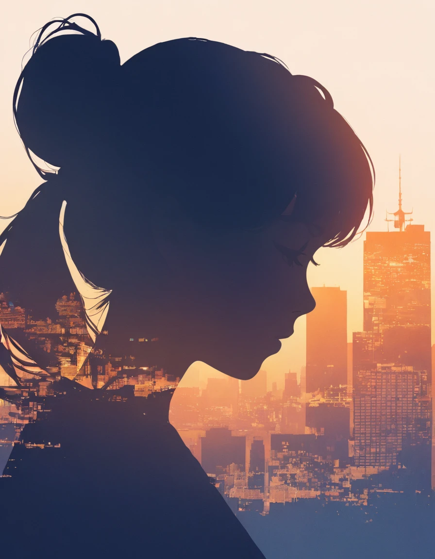 Young woman silhouette, City、大City、close, Double Exposure, The background is a gradation、