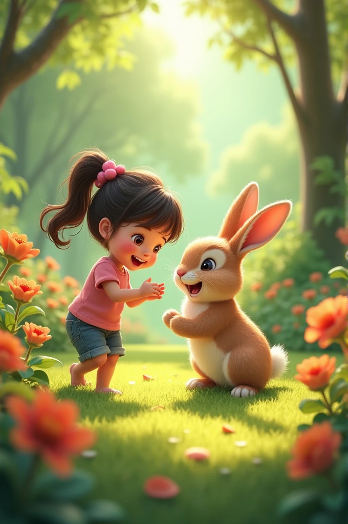 The rabbit looking happy and playing with the girl in the garden."