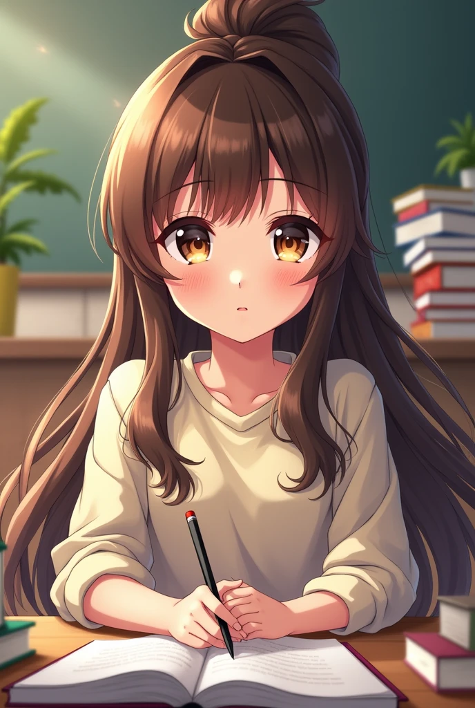 A girl with long brown hair and brown eyes and freckles with a lot of determination in school and paying attention without caring about anyone that Noooo the anime type drawing can be seen anime