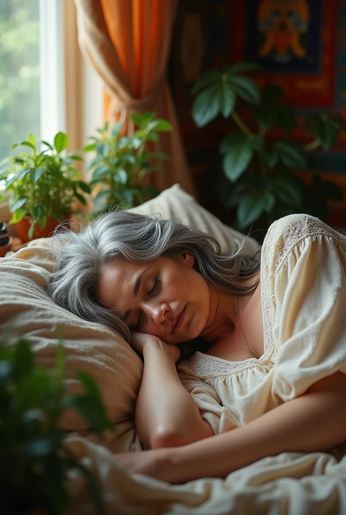 67 year old bohemian hippie woman sleeping in her room