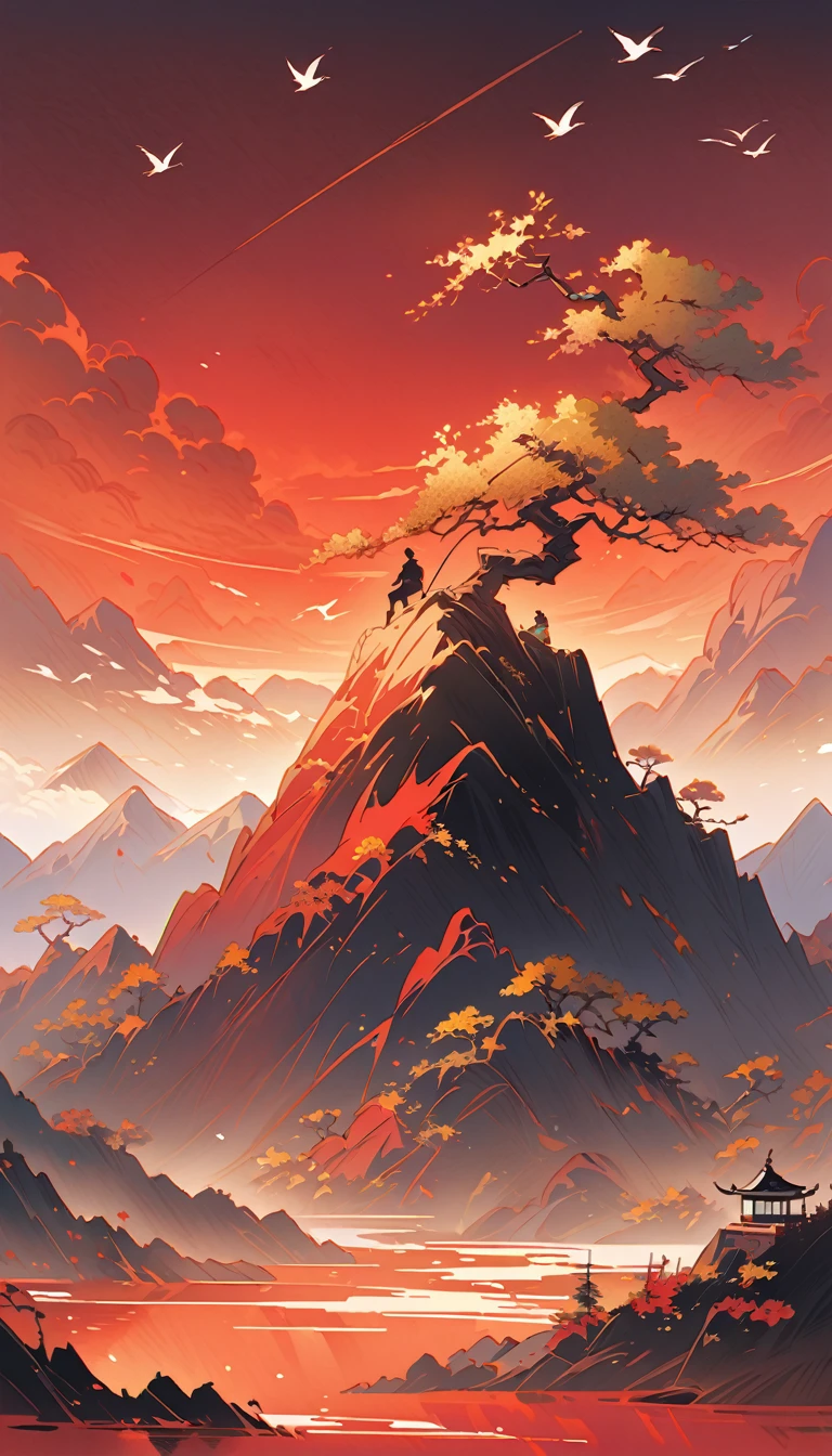 pine, Thousand Miles of Rivers and Mountains, Muscular man climbing a mountain, Flying cranes, Lacquer、Comfort、Mountains, Gold Leaf, The minimalist composition of Chinese landscape painting、red sky solid color, illustration