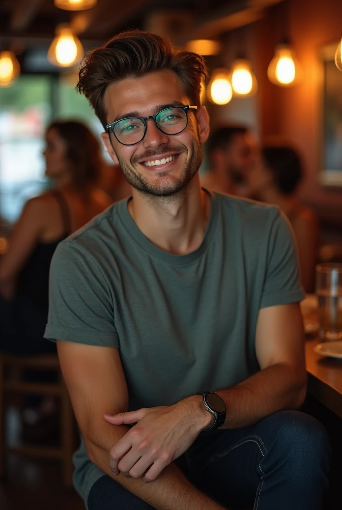 Jeune homme caucasien de 25 ans. L’homme a fait un dégradé chez le coiffeur alors il est très bien coiffé. L’homme a les yeux légèrement verts. Il est habillé classe mais sans abuser. Petit T shirt Casual avec un pantalon ajusté. La photo est prise lors d’une sortie au bar entre amis. L’homme possède des lunettes de vue de type vintage. L’homme n’est pas très musclé, ni obèse. Il fait 1m74 pour 69kg