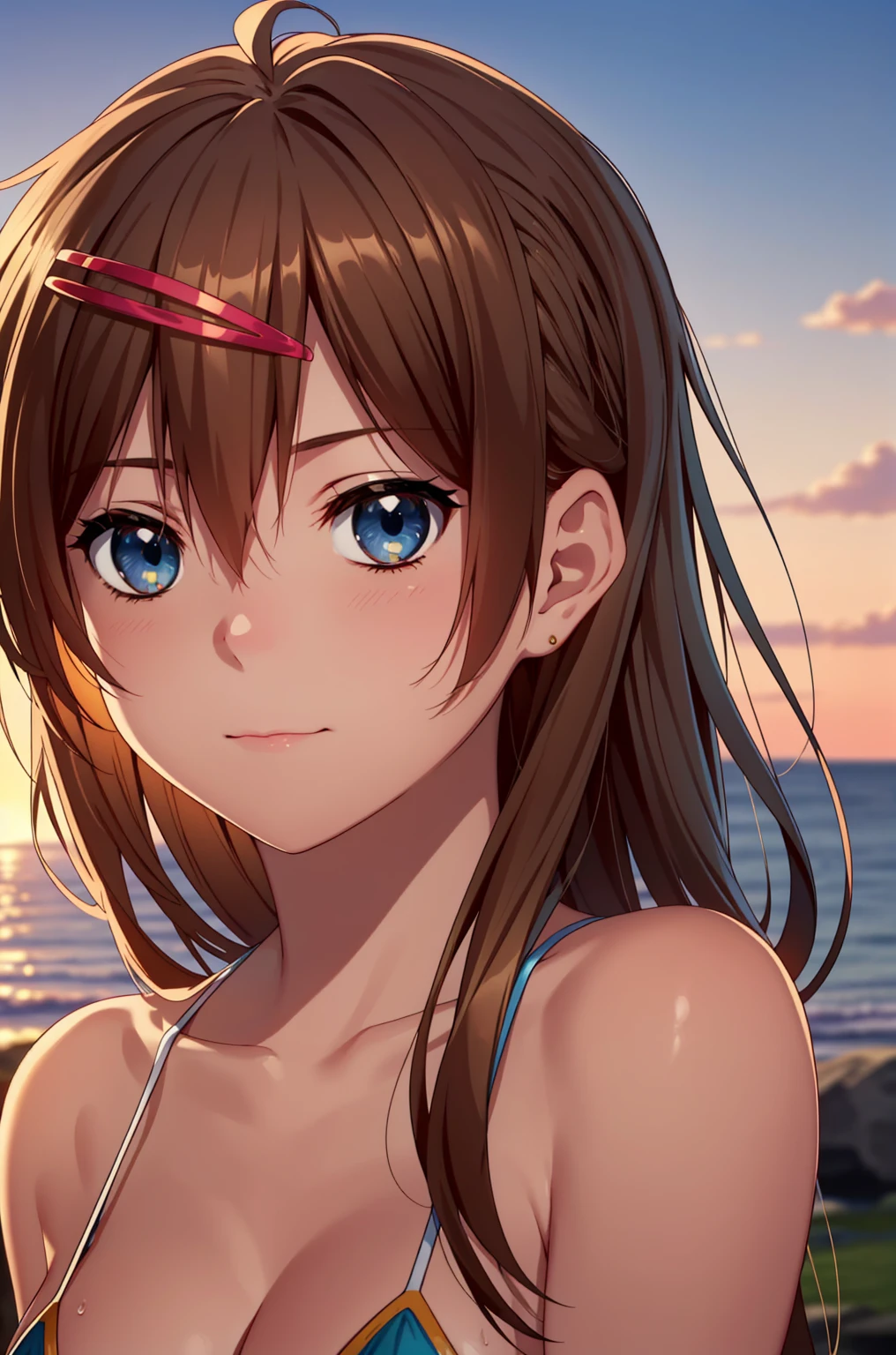 ((masterpiece, Highest quality, High resolution, uhd, Pixel perfect, Depth of written boundary, 4K, RTX, HDR)), 1 Girl, single, alone, 24-years-old, Anime, Beautiful art style, Animeキャラクター, ((Parted bangs, Brown Hair)), (blue eyes、Round eyes, Delicate eyelashes、Beautiful eyelashes, Perfect Eyes), (Detailed face:1.2), (Smooth texture:0.75, Realistic texture:0.65, Realistic:1.2, Cinematic, Anime CG Style), Perfect body、Moderately good breasts:1.7、Micro Bikini:1.8、Seen from behind:1.9、Wet、Water Drop、nsfw、Ocean岸:1.8、Sit with your knees bent:1.8、sunset:1.8、The whole body is visible:1.8、Ocean:1.8、Look forward