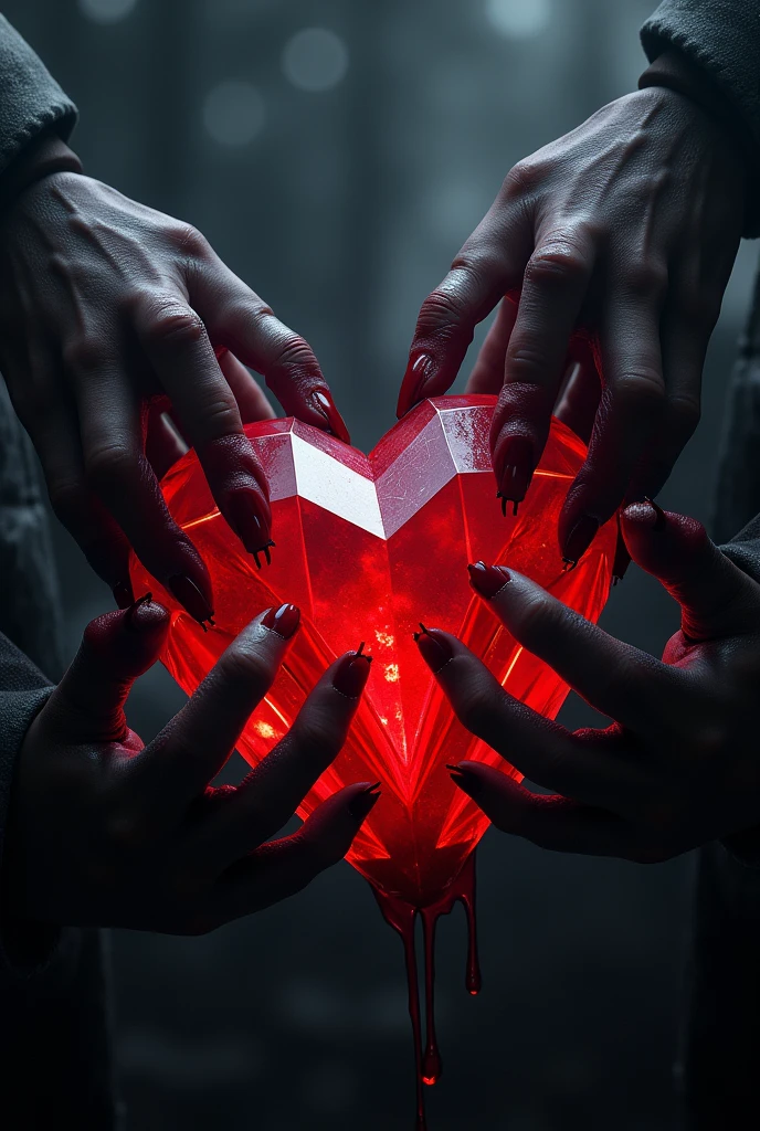 make me a image of a cupper blood-dipped blades and a heart like a dice shard and make this blades reach that heart  