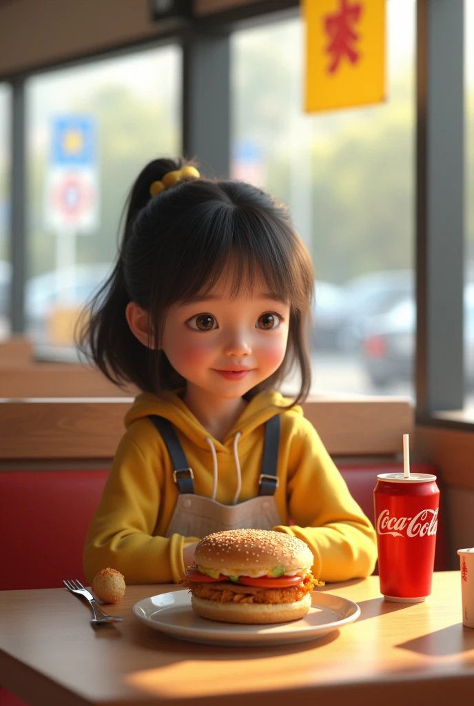 A realistic style image of a girl sitting at a four-person table in McDonald's Taipei Nangang Software Park, having breakfast. The table has Coca-Cola, hash browns, and an Egg McMuffin with pork. The scene has a casual atmosphere with morning light, in an urban setting with a detailed view of the food items and the restaurant interior.