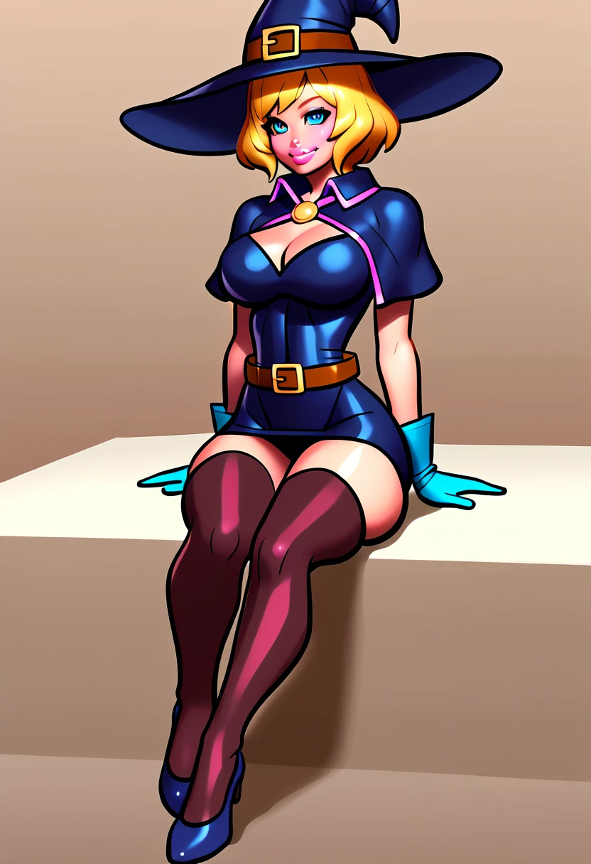 score_5_up,score_6_up,score_7_up,
1girl, solo, sitting, wearing (black dress, wizard hat, capelet, thighhighs, gloves), short hair, short puffy sleeves, belt, belt_pouch, covered navel, narrow waist, thick thighs