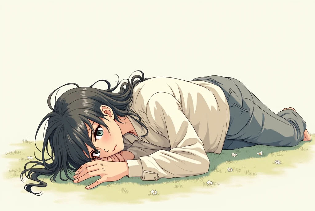 draw a young man with long hair lying on the ground
(with Japanese manga features)
