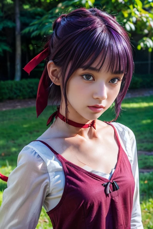  (photo-realistic,realistic:1.4), (best quality, masterpiece:1.2), RAW photo, high resolution, intricate details, extremely detailed, sharp focus, cinematic lighting,
solo, 1girl, a **** Japanese girl, (dynamic pose), (detailed face, beautiful detailed eyes, beautiful pupils, sophisticated nose), pale skin, 
(purple hair:1.5), short hair, bangs, light brown eyes, collarbone, (cotton clothes, long sleeve, white shirt, blooch tie, (red cami dress), red choker, red hair ribbon barrette:1.4), red ankle strap pumps, photo background, outdoors,
