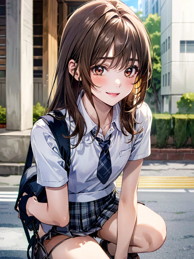  (((Ultra-small miniskirt:1.4))),(masterpiece:1.3, top-quality), ultra high res, ultra detailed, (realistic, photorealistic:1.4), beautiful illustration, perfect lighting, colorful, depth of fields, 
looking at viewer, (face focus, upper body), 1 girl, 独奏, hight school girl, gravure model, (large breasts:0.8, large ass, seductive thighs, skindentation),
(long hair:1.2, straight hair:1.2, hair intakes, Bronze hair), asymmetrical bangs, (brown) eyes, drooping eyes, big eyes, shiny skin, 
beautiful hair, beautiful face, extremely detailed face, beautiful detailed eyes, beautiful clavicle, beautiful body, beautiful chest, beautiful thigh, beautiful legs, beautiful fingers, 
(detailed cloth texture, navy knit vest, collared short sleeve white shirt, grey plaid pleated skirt, grey plaid tie), black socks, white panties, black school bag,
(beautiful scenery), evening, (downtown, ), squatting, (lovely smile. upper eyes),