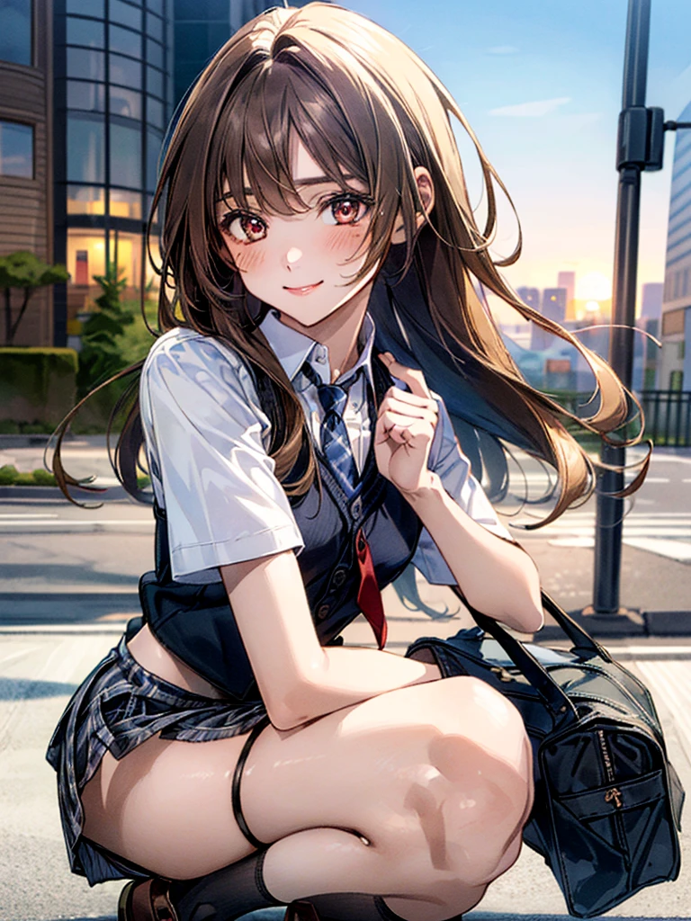  (((Ultra-small miniskirt:1.4))),(masterpiece:1.3, top-quality), ultra high res, ultra detailed, (realistic, photorealistic:1.4), beautiful illustration, perfect lighting, colorful, depth of fields, 
looking at viewer, (face focus, upper body), 1 girl, 独奏, hight school girl, gravure model, (large breasts:0.8, large ass, seductive thighs, skindentation),
(long hair:1.2, straight hair:1.2, hair intakes, Bronze hair), asymmetrical bangs, (brown) eyes, drooping eyes, big eyes, shiny skin, 
beautiful hair, beautiful face, extremely detailed face, beautiful detailed eyes, beautiful clavicle, beautiful body, beautiful chest, beautiful thigh, beautiful legs, beautiful fingers, 
(detailed cloth texture, navy knit vest, collared short sleeve white shirt, grey plaid pleated skirt, grey plaid tie), black socks, white panties, black school bag,
(beautiful scenery), evening, (downtown, ), squatting, (lovely smile. upper eyes),