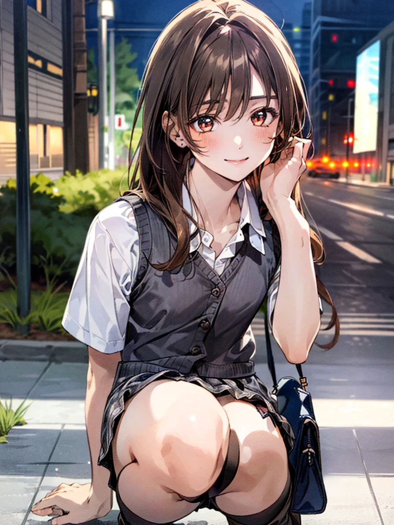  (((Ultra-small miniskirt:1.4))),(masterpiece:1.3, top-quality), ultra high res, ultra detailed, (realistic, photorealistic:1.4), beautiful illustration, perfect lighting, colorful, depth of fields, 
looking at viewer, (face focus, upper body), 1 girl, 独奏, hight school girl, gravure model, (large breasts:0.8, large ass, seductive thighs, skindentation),
(long hair:1.2, straight hair:1.2, hair intakes, Bronze hair), asymmetrical bangs, (brown) eyes, drooping eyes, big eyes, shiny skin, 
beautiful hair, beautiful face, extremely detailed face, beautiful detailed eyes, beautiful clavicle, beautiful body, beautiful chest, beautiful thigh, beautiful legs, beautiful fingers, 
(detailed cloth texture, navy knit vest, collared short sleeve white shirt, grey plaid pleated skirt, grey plaid tie), black socks, white panties, black school bag,
(beautiful scenery), evening, (downtown, ), squatting, (lovely smile. upper eyes),