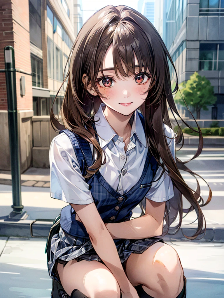  (((Ultra-small miniskirt:1.4))),(masterpiece:1.3, top-quality), ultra high res, ultra detailed, (realistic, photorealistic:1.4), beautiful illustration, perfect lighting, colorful, depth of fields, 
looking at viewer, (face focus, upper body), 1 girl, 独奏, hight school girl, gravure model, (large breasts:0.8, large ass, seductive thighs, skindentation),
(long hair:1.2, straight hair:1.2, hair intakes, Bronze hair), asymmetrical bangs, (brown) eyes, drooping eyes, big eyes, shiny skin, 
beautiful hair, beautiful face, extremely detailed face, beautiful detailed eyes, beautiful clavicle, beautiful body, beautiful chest, beautiful thigh, beautiful legs, beautiful fingers, 
(detailed cloth texture, navy knit vest, collared short sleeve white shirt, grey plaid pleated skirt, grey plaid tie), black socks, white panties, black school bag,
(beautiful scenery), evening, (downtown, ), squatting, (lovely smile. upper eyes),