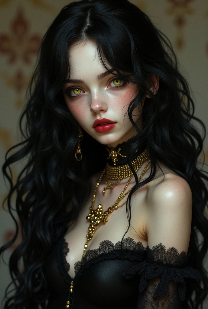 A girl with a dark aura, mysterious and attractive,despite a sweet face.
thin and striking face, full and naturally red lips,yellow eyes with a striking shape,that look that makes anyone shiver, long hair,black and wavy,voluminous.
pale skin.
Delicate gold accessories.