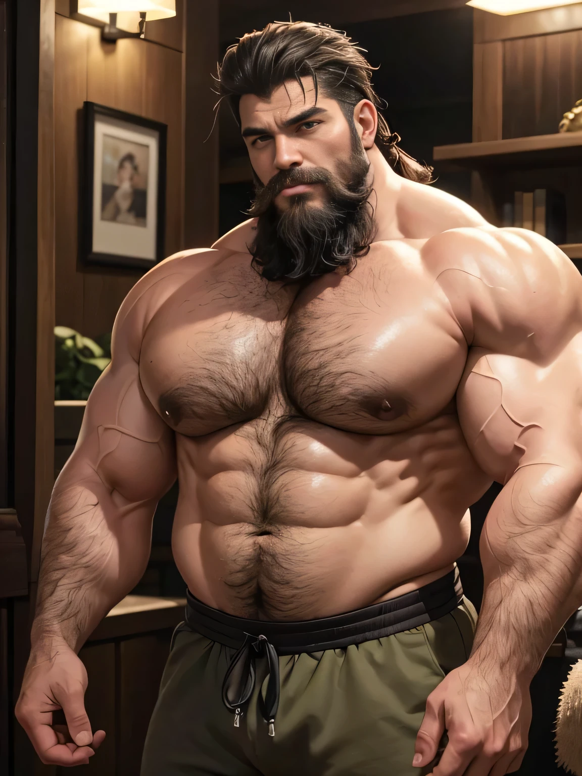 A burly, virile, and hairy dragon, exuding the irresistible charm of a himbo muscle daddy. His middle-aged features, adorned by a long, bushy beard and a thick mustache, reveal a life of experience and adventure. His body, sculpted into a warrior's build and a bodybuilder's physique, is a testament to his unyielding dedication to physical fitness. The hair on his chest and belly forms a carpet of thick fur, while his hairy arms and legs are adorned with a natural, untamed layer of hirsute. Every muscle on his overmuscular and musclebound frame is defined and bulging, veins pulsing beneath the surface, hinting at his incredible strength. Despite his advanced age, his grey hair only adds to his handsome and dreamy appearance.
