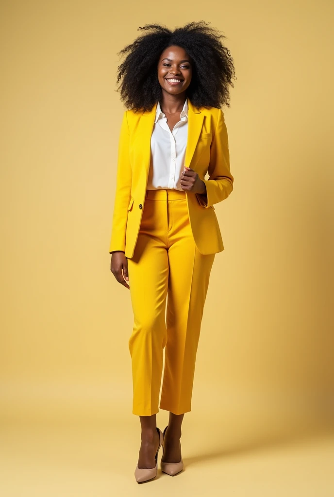Realistic photo of a successful black woman in a yellow blazer, she wears high heels and is very confident and happy, with a successful woman pose