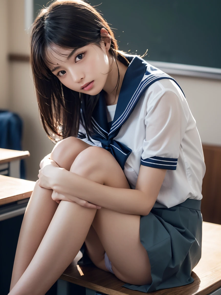 masterpiece:1.2, Very detailed, Ultra-high resolution, Realistic, photo Realistic:1.6,High-resolution RAW color photos, Professional photos, Sharp focus:1.2, Very detailed顔と肌の質感, Very beautiful eyes, Glossのある肌, Glowing Skin, Glowing Skin, Shining Face, Gloss, Oily skin, greasy face, Oily skin, greasy face, real Glossのある肌 texture, Perfect Anatomy, Very detailed背景,(High school classroom at night),1 female,25-year-old woman, Japanese women,short hair, Straight hair, bangs, Brown Hair,((Flat Chest:1.6)),Slender legs, ((White short-sleeved sailor suit、Navy blue pleated skirt:1.5、Sexy T-panties under skirt)),((Sit at a desk hugging your knees:1.5))、((A sailor uniform that was wet and the bra was very transparent:1.4)),Invite to sex