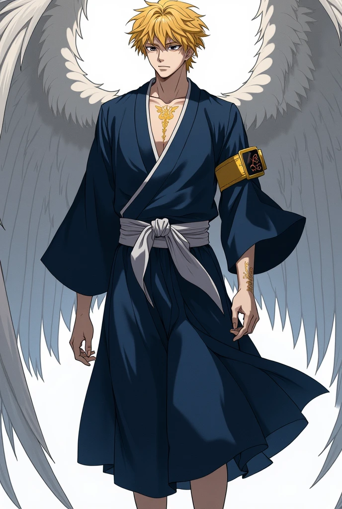 Full-body image of a male angel in the art style of Bleach. He has white skin with a golden tattoo on his neck, curly blonde hair, and a golden armband on his right arm. His eyes are designed as Ofanim. He wears a navy blue kimono as a shirt, left open, with a dark gray belt and a matching dark gray jacket worn as a skirt. He also wears navy blue athletic pants that cover his feet and has a single pair of wings