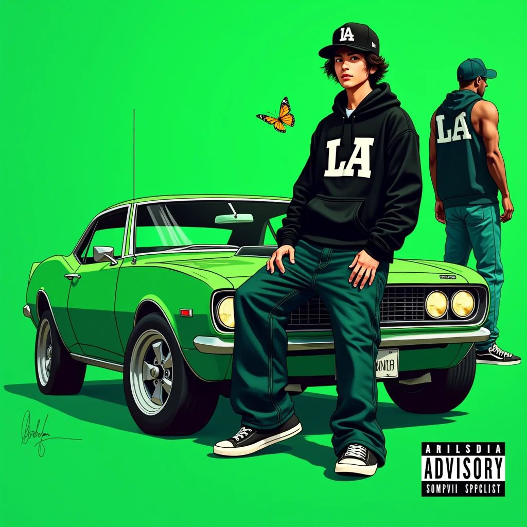 G-FUNK Hip Hop Album Cover, Green Background, Green Car, With If WONA behemes a gangster on the back of the painting, an Asian ager wearing a black LA hoodie, a black LA ball cap with a deep press and a wide pair of jeans, with one sitting on the bonnet of a car let the car out to the side, a small yellow butterfly