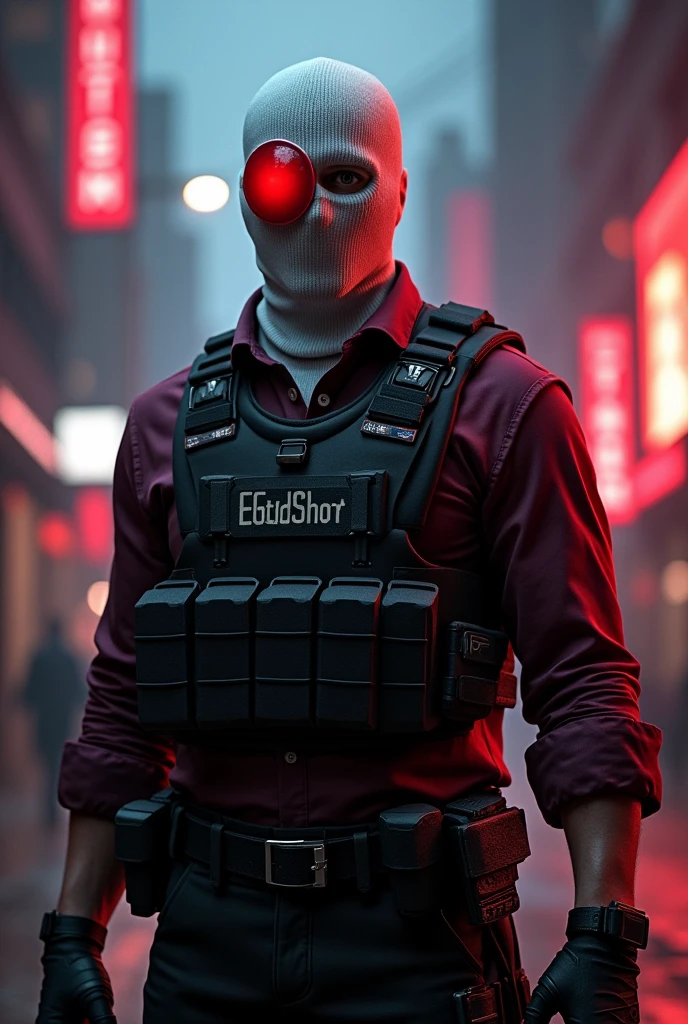 Deadshot (Hitman guy) from suicide squad;
Dark colorful ambience,Burgundy shirt, bulletproof vest,White balaclava,Red scouter eye patch