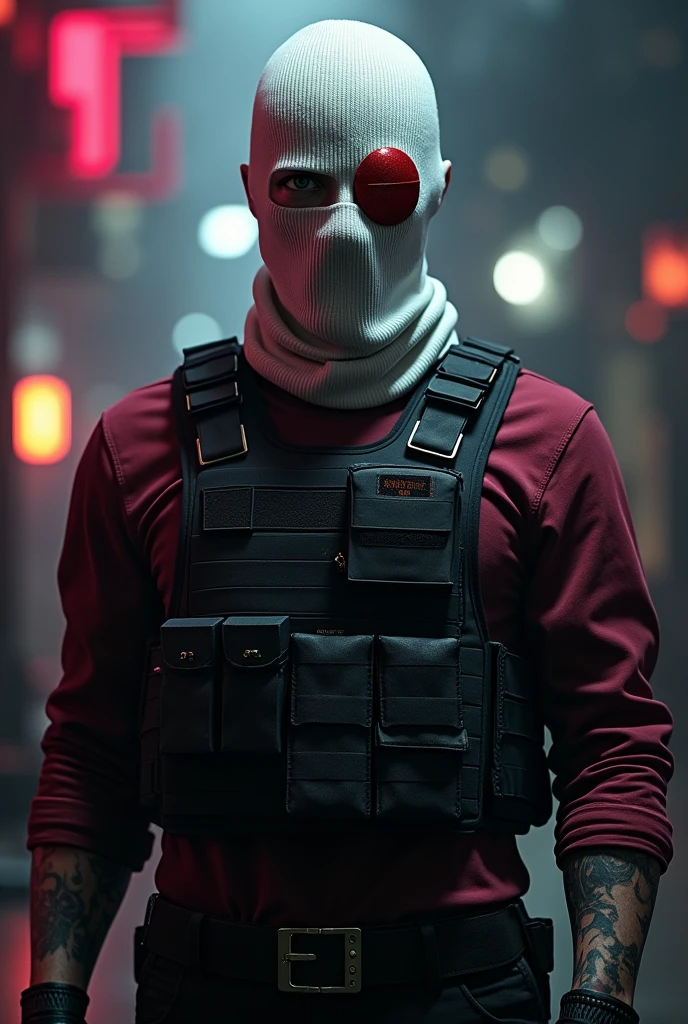 Deadshot (Hitman guy) from suicide squad;
Dark colorful ambience,Burgundy shirt, bulletproof vest,White balaclava,Red scouter eye patch