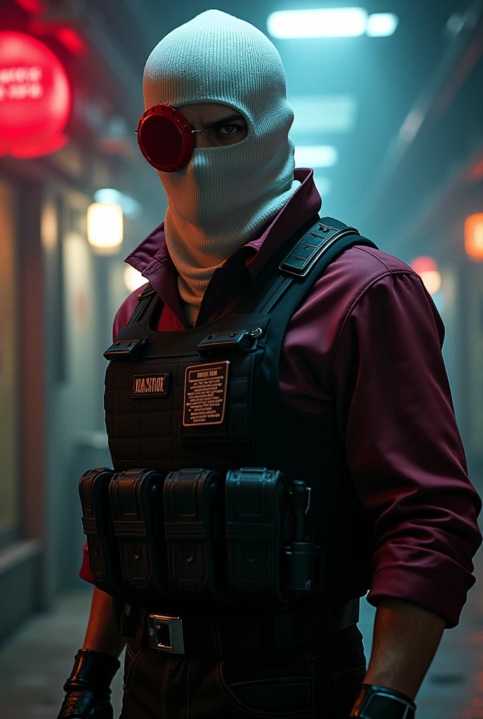 Deadshot (Hitman guy) from suicide squad;
Dark colorful ambience,Burgundy shirt, bulletproof vest,White balaclava,Red scouter eye patch