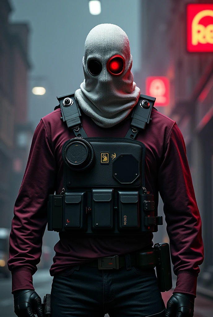 Deadshot (Hitman guy) from suicide squad;
Dark colorful ambience,Burgundy shirt, bulletproof vest,White balaclava,Red scouter eye patch