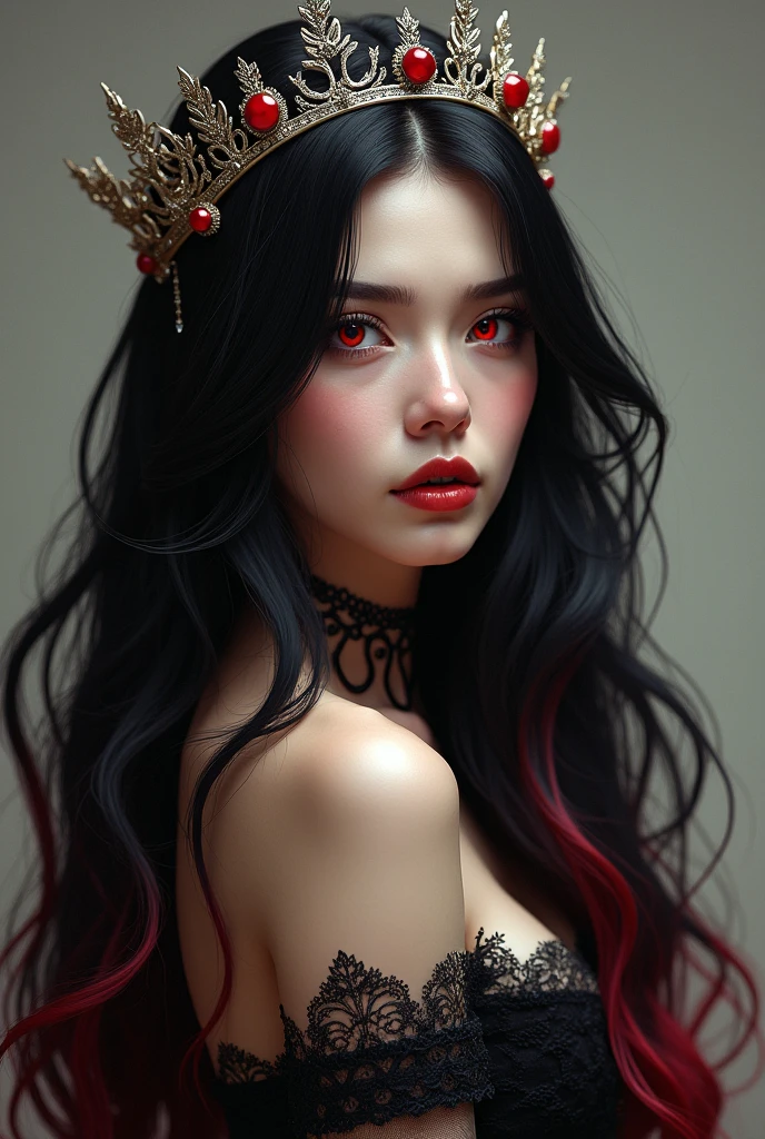 beautiful black haired vampire girl with red hair tips, clear skin, Red eyes, wearing a crown on his head, with upright posture