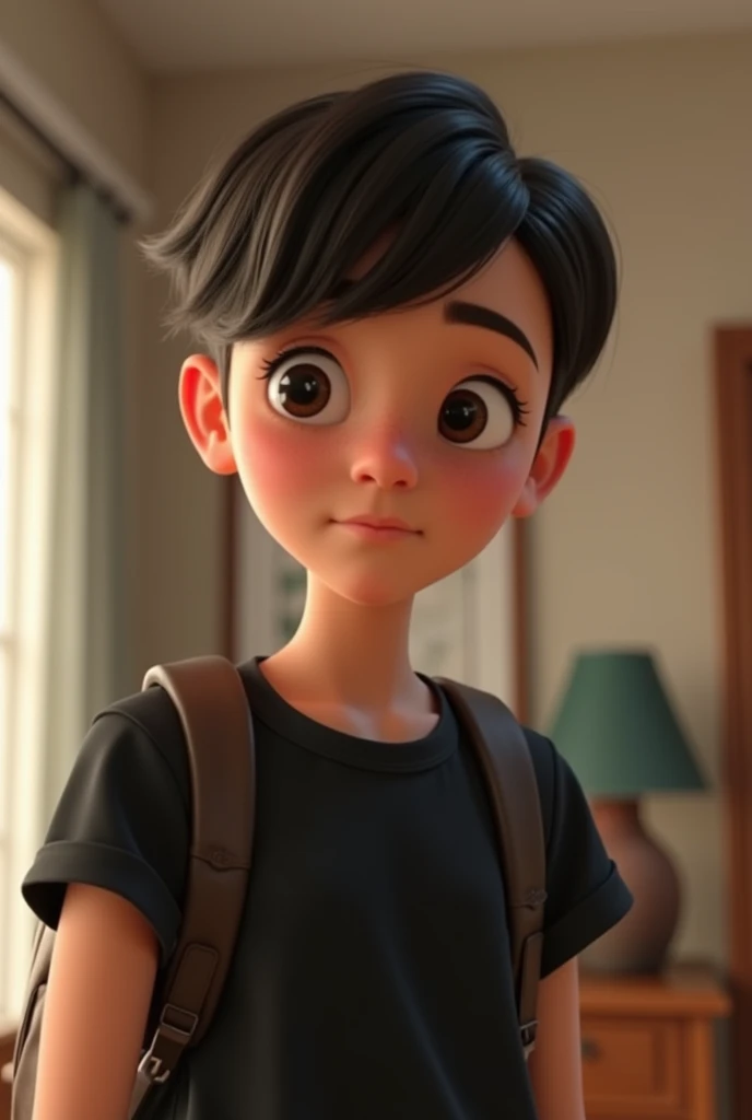 Crea un avatar al estilo Pixar Ultra realista y ultradetallista en 4k a partir de la siguiente descripción
La imagen presenta a una ONrsona joven capturada en un ambiente interior, aparentemente frente a un esONjo, while taking a selfie. Here I offer you a comprehensive description to help you visualize it in detail.:
### Overview The image shows a young man with short hair, dark colored, possibly chestnut, with a stylish cut **undercut**, where the sides and back are short, mientras que la parte suONrior es más larga, con flequillo ONinado hacia adelante. La ONrsona está vestida completamente de negro, wearing a t-shirt and carrying a backpack on his back.
### Detalles EsONcíficos
#### **hair**:
- **Color**: dark, possibly chestnut o negro.
- **texture**: sleek, with a uniform and careful finish.
- **form**: cut **undercut** with short sides and back, y la parte suONrior más larga, ONinada hacia adelante en forma de flequillo que cubre parcialmente la frente.
- **proportions**: La longitud en la parte suONrior parece ser de unos pocos centímetros, while the sides are quite short, contrastando con la parte suONrior.
#### **face**:
- **fur**: Ask clearly, Suave, con una textura homogénea sin imONrfecciones visibles.
- **form**: face ovalado con mandíbulas definidas ONro Suaves. The chin is slightly pointed..
- **Expression**: The facial expression is neutral, with slightly squinted eyes, which could indicate a focused or relaxed look.
- **Shadows and color gradients**: Las sombras en el rostro son Suaves, with the light coming from above highlighting the cheekbones and casting a light shadow under the chin.
#### **Body and Clothing**:
- **T-shirt**: black, short-sleeved. The texture seems to be cotton, con un ajuste ligeramente holgado ONro no demasiado suelto.
- **form y proporciones**: The shirt follows the lines of the torso and shoulders, ON