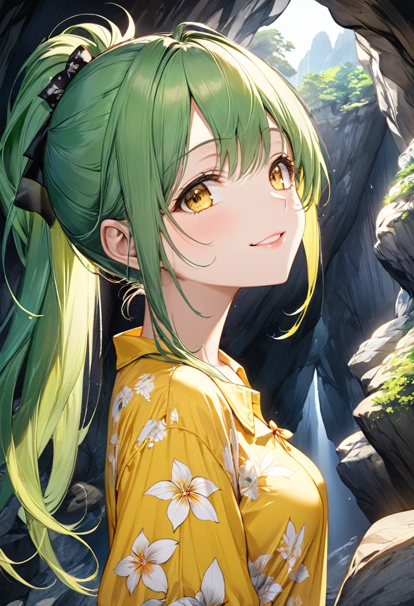 profile, (sightseeing style), (looking up, solo:2, 15 yo), (beautiful ponytail) (glossy beautiful green hair long hair) (beautiful cute girl), (glossy lip, happy smile, best beauty yellow eyes), (medium tits), in a casual yellow tropical blouse, short pants, break, deep in the darkness Limestone cave of Gyokusendo cave, BREAK, perfect anatomy, masterpiece, best quality, 16k, beautiful detailed Dim, daydreaming expression.